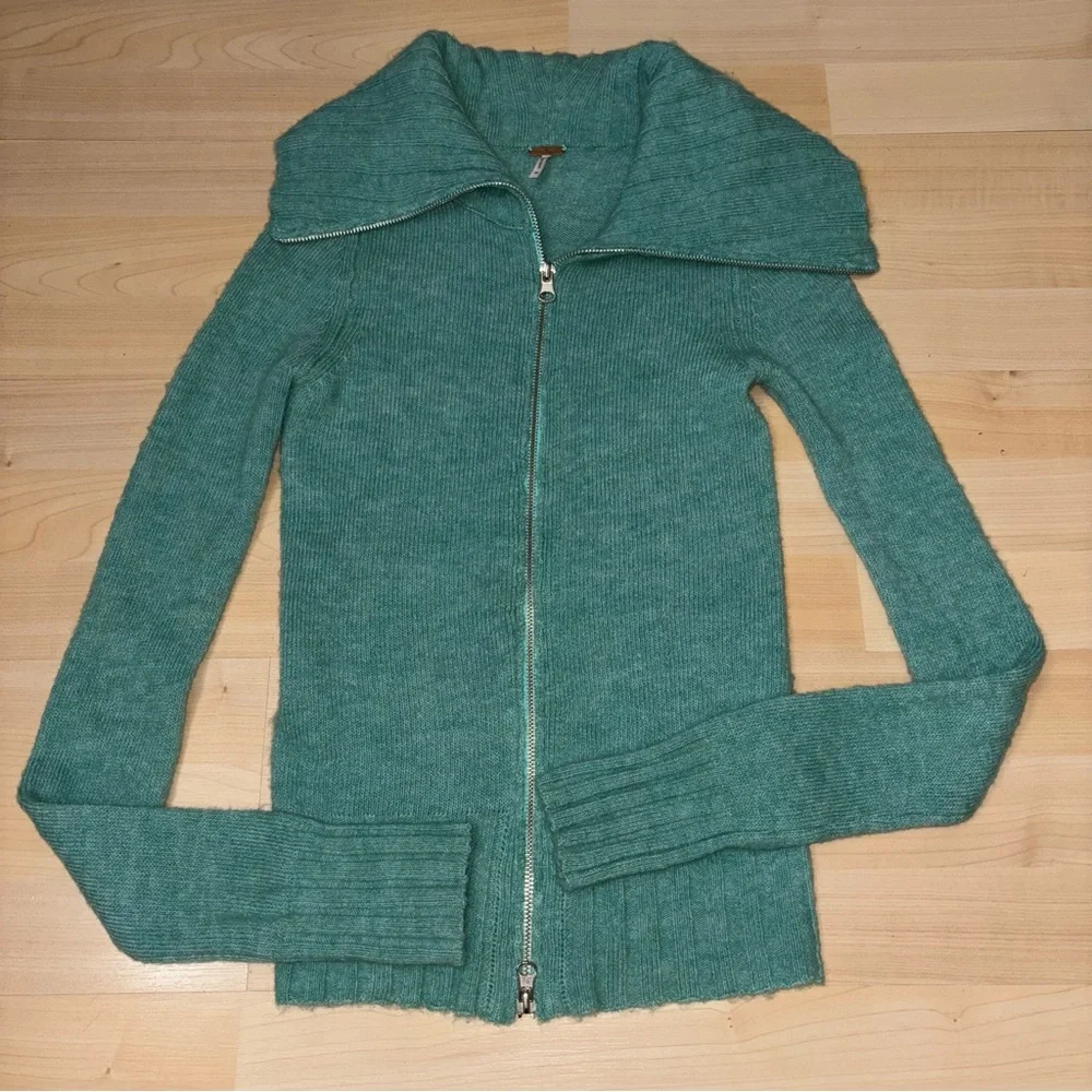 Free People Seafoam Double Zip Sweater XS Collar Ribbed Closet Y2K